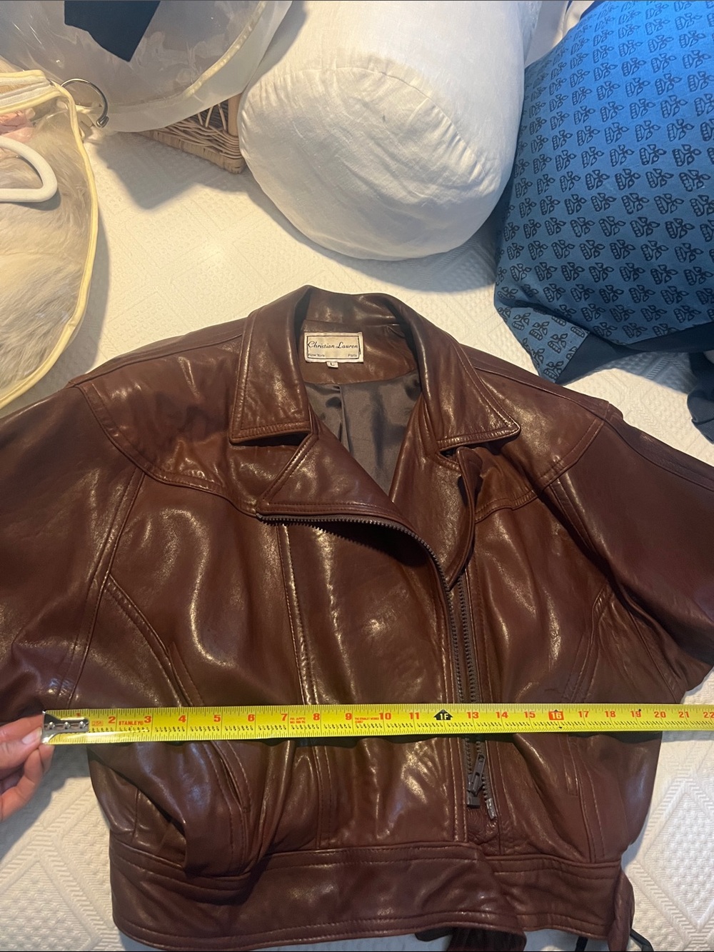 Christian Lauren Vintage Brown Leather Cropped Biker Jacket with Belt - Picture 7 of 9